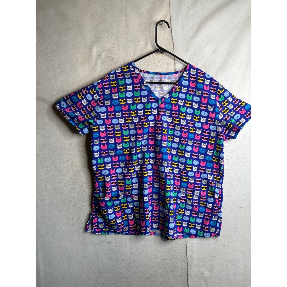 Scrubfinity Basix Blue Cat Print V-Neck Scrub Top 2XL SB5315-3089M